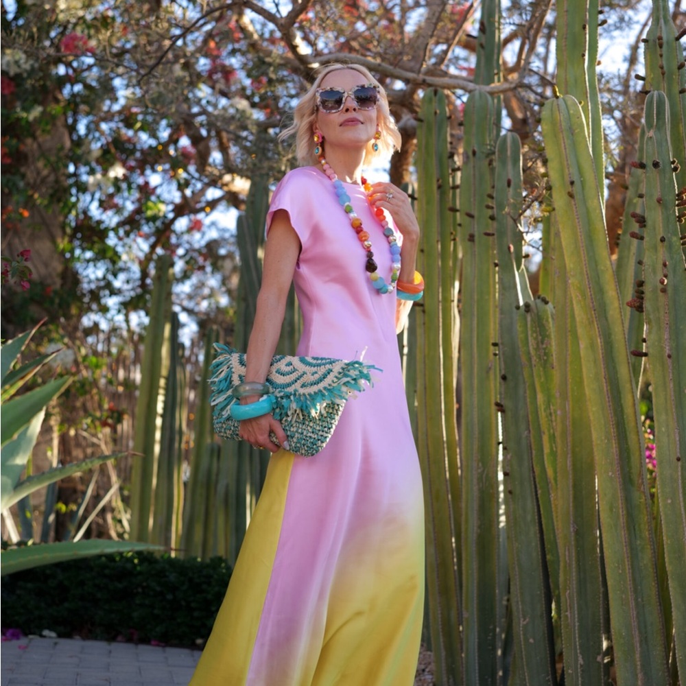 ANTONIO MELANI Pink/yellow Ombré Flutter Sleeve Maxi Sundress